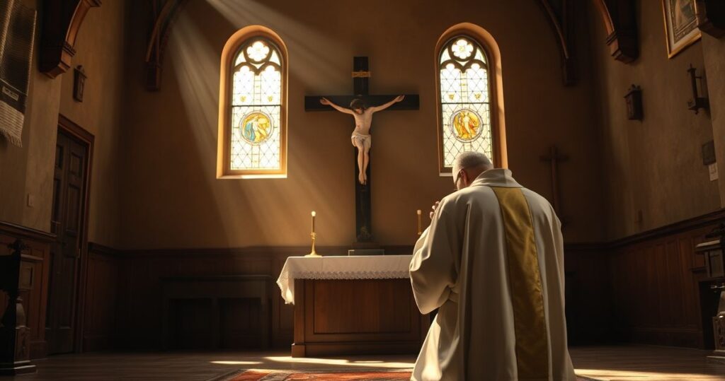 Kapłan modlący się przed krzyżem w skromnej, katolickiej świątyni, w pełni powagi i religijnej czci