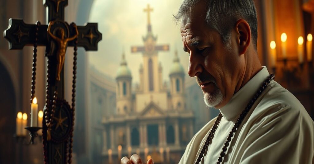 Uroczysty portret kapłana katolickiego w modlitwie przed krzyżem z różańcem w tradycyjnym kościele