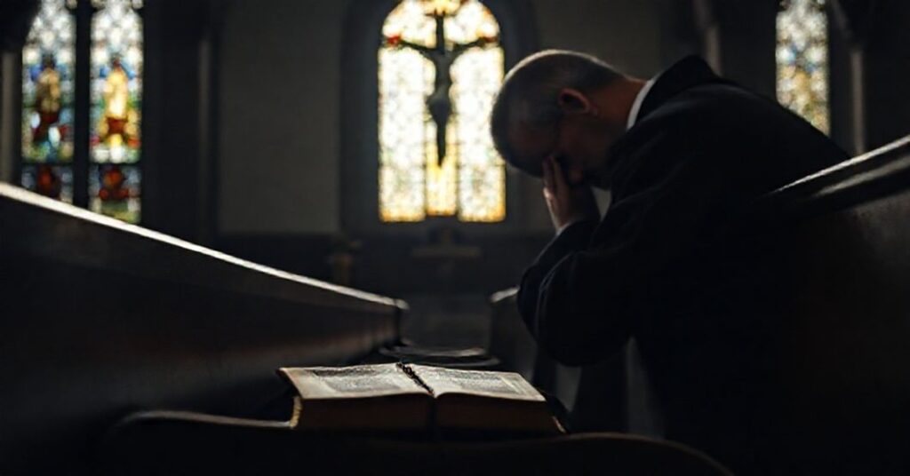 Kneeling priest in traditional vestments praying before a crucifix in a dimly lit church.