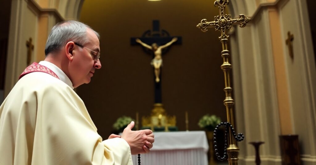 Kapłan w kaszule modli się przed krzyżem w ciemnej kaplicy, symbolizując duchowe zmartwychwstanie i odpust grzechów w Tradycyjnym Kościele Katolickim