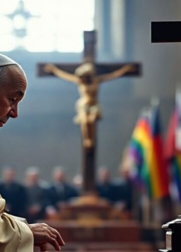 Modlitwa w obliczu współczesnych bałwanów Tradycyjny kapłan katolicki modli się przed krzyżem w obecności współczesnych ideologicznych bałwanów