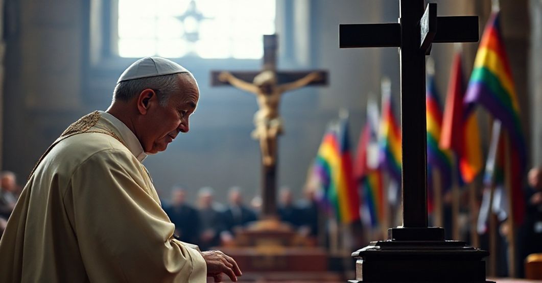 Modlitwa w obliczu współczesnych bałwanów Tradycyjny kapłan katolicki modli się przed krzyżem w obecności współczesnych ideologicznych bałwanów