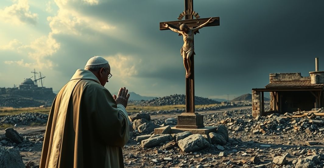 Duchowa refleksja nad wojną i sprawiedliwością z katolickiego punktu widzenia Kapłan modlący się przed krzyżem w kontekście wojny na Ukrainie, symbolizujący duchową refleksję i moralne potępienie konfliktu z katolickiego punktu widzenia
