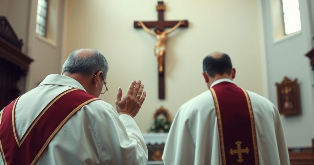 Siedzący kapłan modlący się przed krucyfiksem w prostym wnętrzu kościoła, ukazujący głęboką pobożność i pokorę.