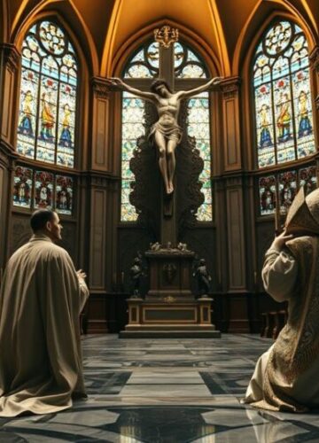 Catholic priest praying before crucifix in church interior Rekatywny kapłan w tradycyjnych szatach modlący się przed krucyfiksem w interiorze kościoła, ukazujący pobożność i oddanie Chrystusowi Królowi.