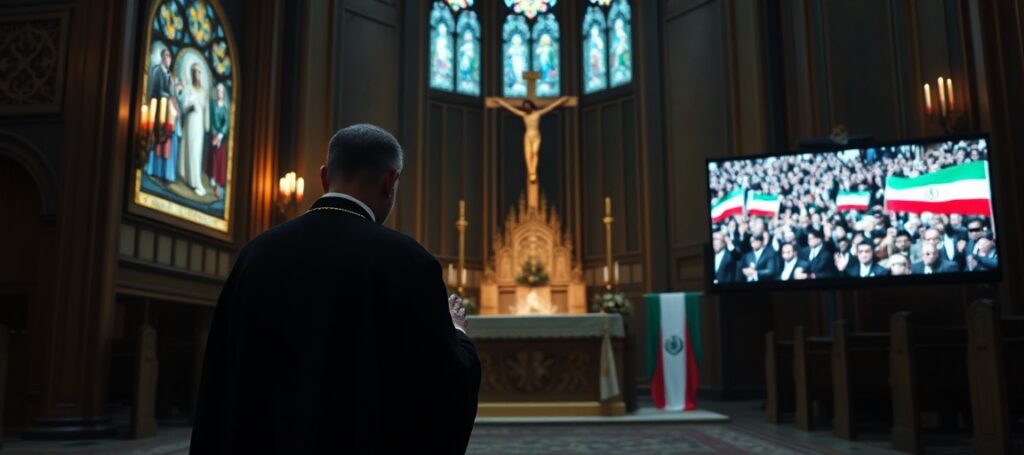 Kapłan modlący się przed ołtarzem z irańską flagą podczas transmisji pogrzebu ajatollaha Chameneiego - krytyka neokościoła i geopolityki zamiast wiary katolickiej