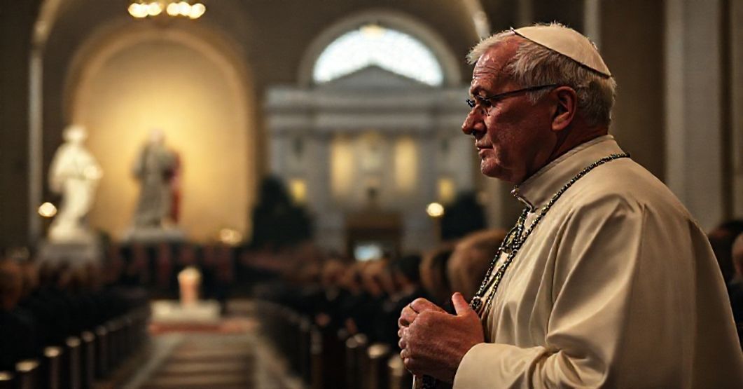 Kapłan modli się przed posągiem Chrystusa podczas ceremonii wręczenia medalu wolności Tradycyjny katolicki kapłan modlący się przed posągiem Jezusa Chrystusa podczas ceremonii w Białym Domu wręczania medalu wolności Charlie'emu Kirkowi.