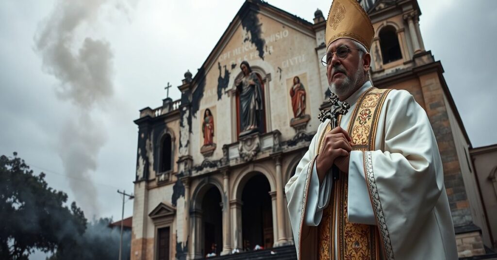Tradycyjny katolicki kapłan przed spaloną katedrą w Puebli, modli się za ofiary masakry w Salamance