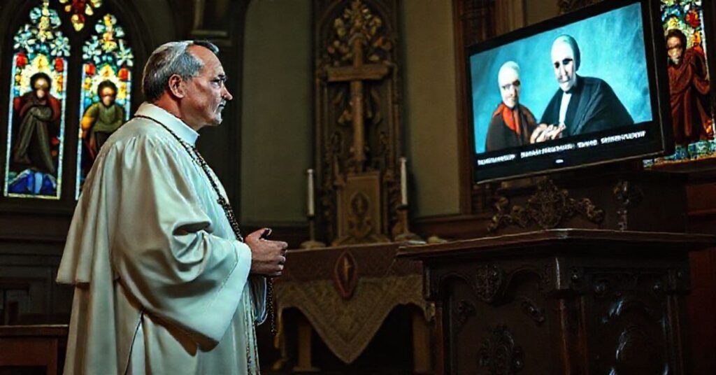 Tradycyjny kapłan katolicki w szatach liturgicznych modli się z troską przed telewizorem wyświetlającym kontrowersyjny przemówienie Leona XIV w kaplicy z witrażami.