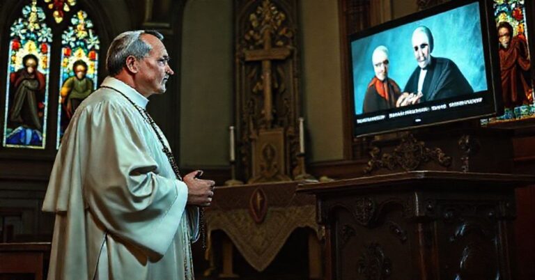 Tradycyjny kapłan katolicki w szatach liturgicznych modli się z troską przed telewizorem wyświetlającym kontrowersyjny przemówienie Leona XIV w kaplicy z witrażami.