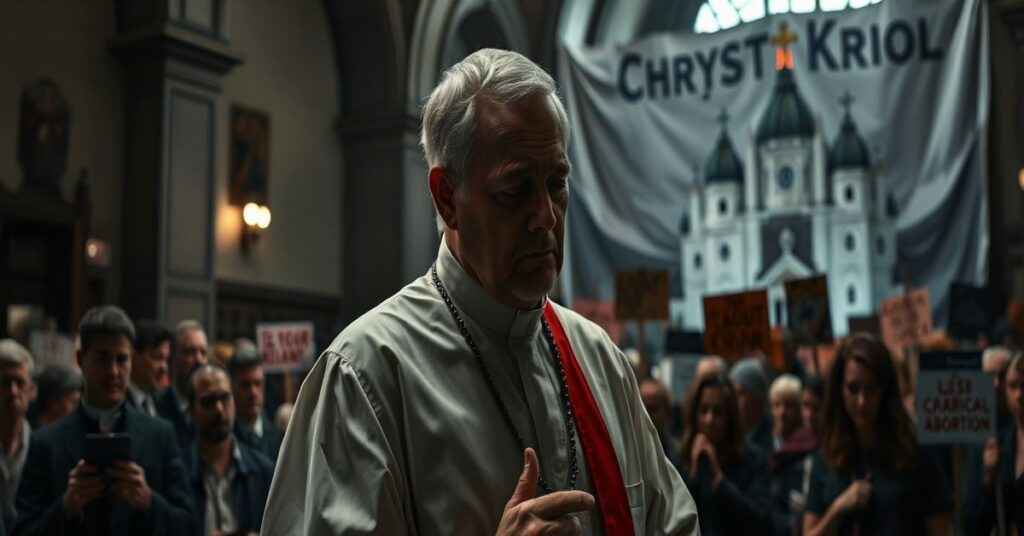 Kapłan katolicki modli się z truchą za ofiary aborcji chemicznej przed tłumem protestujących