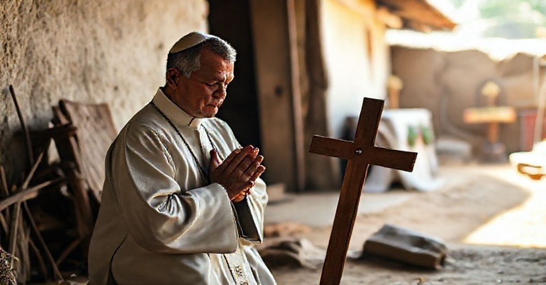 Kapelan modli się przed ubogim domem w tradycyjnych szatach liturgicznych