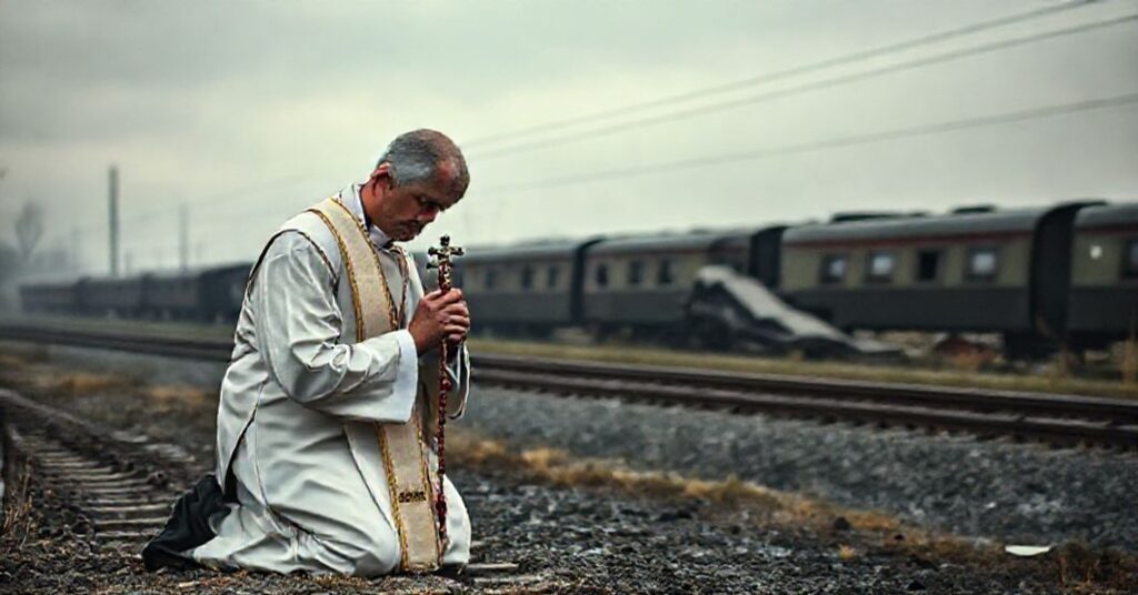 Kapłań w tradycyjnych szatach modli się przy miejscu katastrofy kolejowej, ofiarując duchowe pocieszenie rannym i zmarłym.