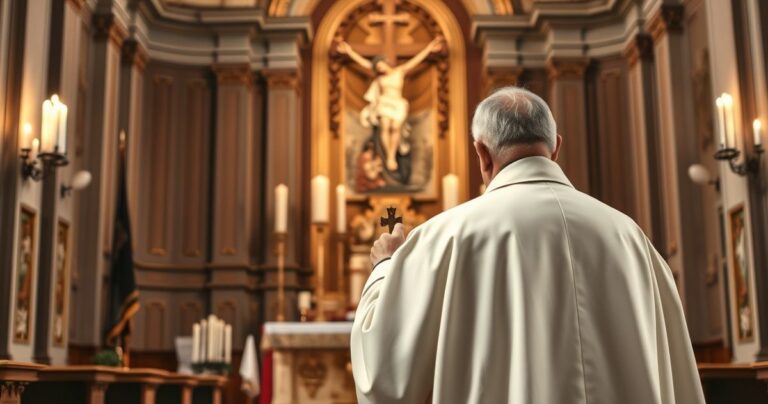 Rekolekcje katolickie, kapłan modlący się przy ołtarzu, tradycyjna liturgia, duchowa głębia, nabożeństwo w kościele