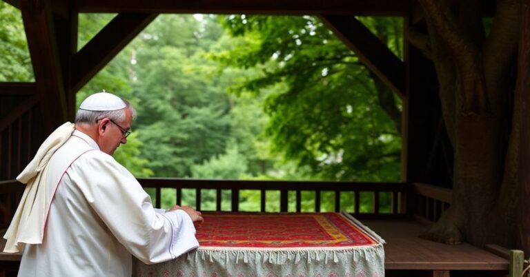 Katolicki kapłan modli się w starym koście na tle modernistycznej struktury synodalnej