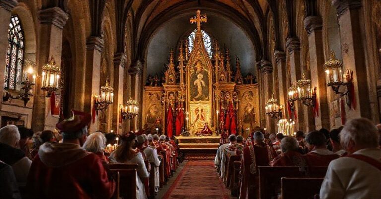 Kapłan w tradycyjnym stroju modli się przed ołtarzem w gotyckim kościele