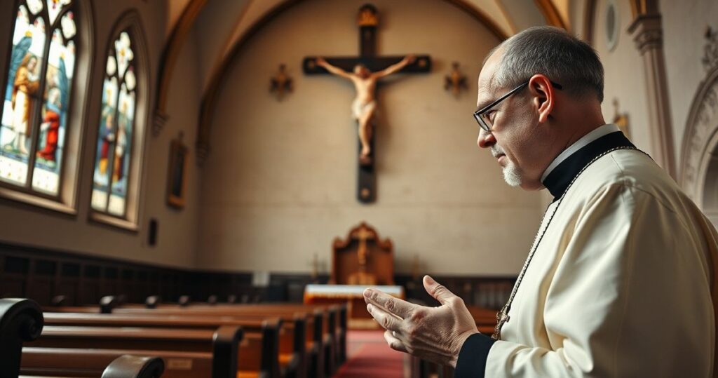 Kapłan modlący się w kościele z krucyfiksem i witrażami, refleksja nad kryzysem w Gazie i błędami współczesnej polityki zgodnie z tradycyjnym nauczaniem katolickim.