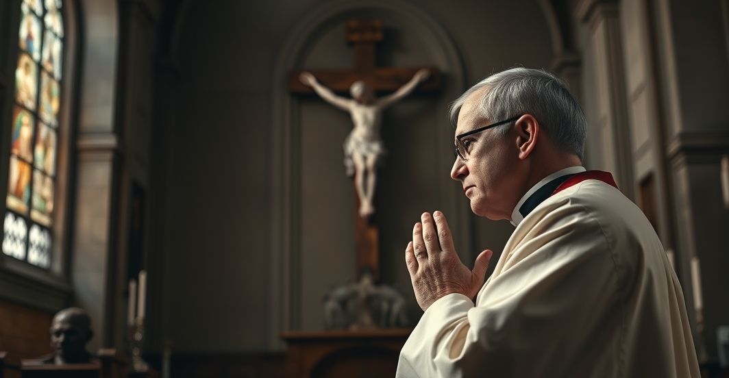 Kapłan w modlitwie przeciwko nowoczesnym zakazom terapii konwersyjnej Kapłan modlący się w kościele przy krzyżu, symbolizujący obronę tradycyjnej moralności wobec nowoczesnych zakazów