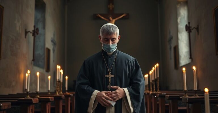 Kapłan w tradycyjnych szatach katolickich modlący się w skromnym kościele, symbolizujący duchową żałobę i potrzebę nawrócenia w obliczu wojny na Ukrainie