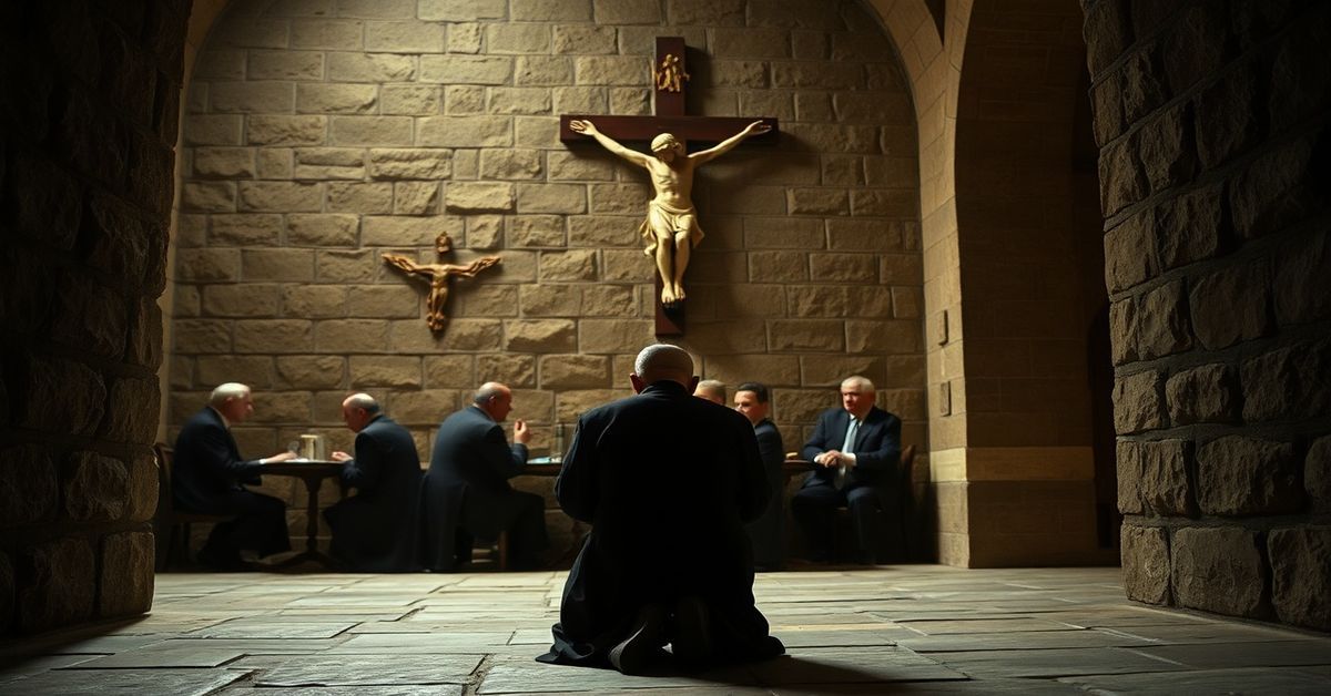 Tradycyjny kapłan modli się w ciemnym kościele na tle sporu polityków Romano Prodiego i Donalda Trumpa