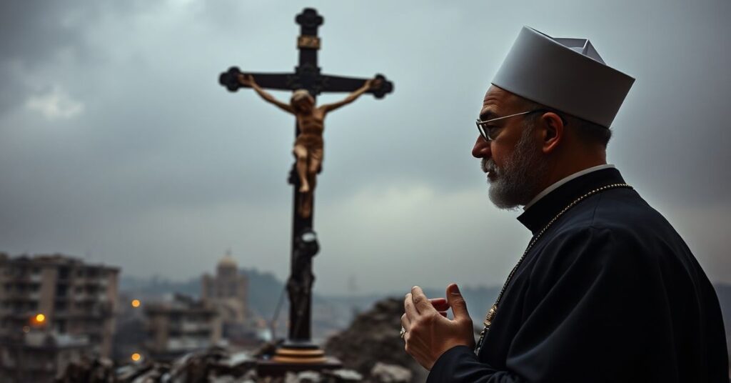Traditionalny katolicki kapłan modli się przed uszkodzonym krzyżem na tle zniszczonego miasta w Iranie