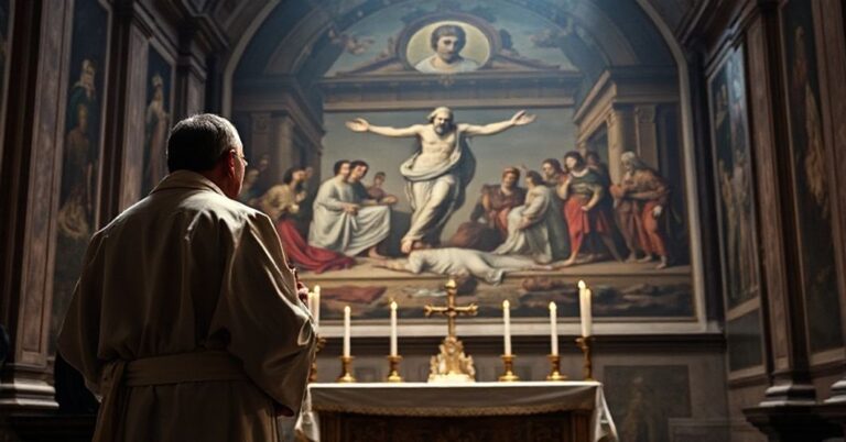 Prawdziwy katolicki kapłan modli się w Kaplicy Sykstyńskiej przed freskami Michała Anioła, wyrażając żal i wierność prawdziwej wierze.