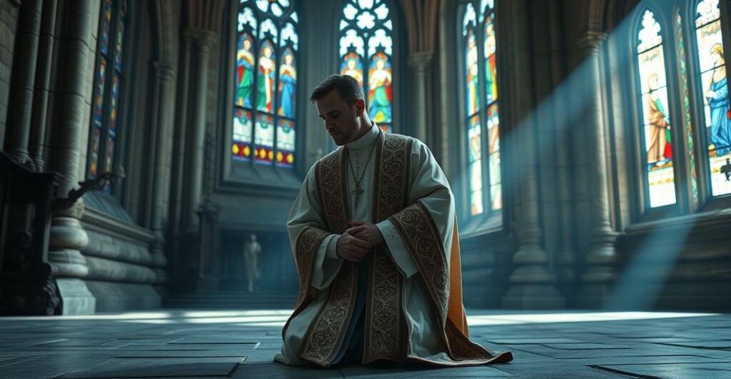 Klasztorny kapłan w modlitwie w tradycyjnej kościelnej świątyni, symbolizujący katolicką refleksję nad kryzysem moralnym i duchowym społeczeństwa