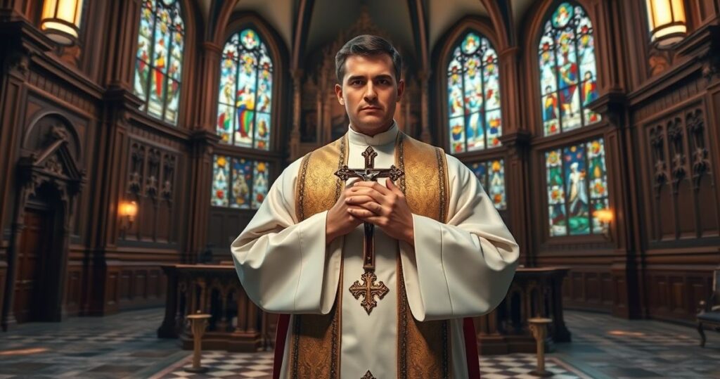 Kapłan w liturgicznych szatach modlący się przed ołtarzem w klasycznym wnętrzu kościoła, symbolicznie ukazując walkę moralną i obronę katolickich wartości
