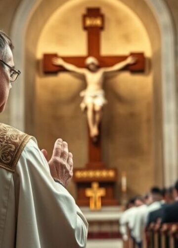 Catholic priest praying in church emphasizing the sacredness of life Kardynał w tradycyjnym stroju modli się w kościele, symbolizując powagę obrony życia w katolickim duchu