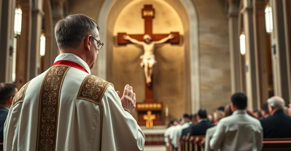 Kardynał w tradycyjnym stroju modli się w kościele, symbolizując powagę obrony życia w katolickim duchu