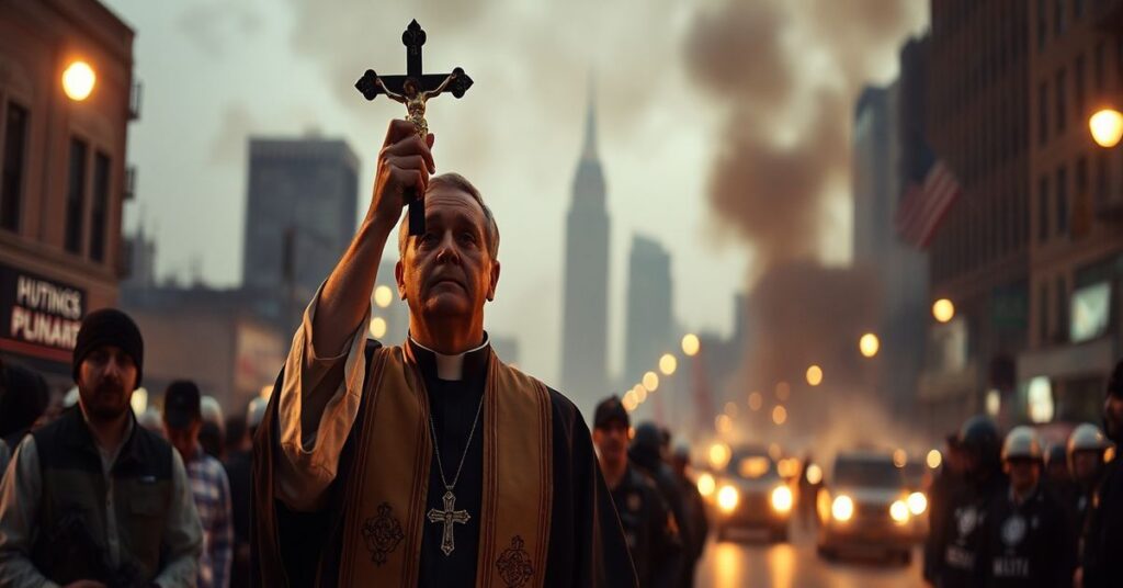 Katolicki kapłan w tradycyjnych szatach modlących się przed palącym się Minneapolisem podczas zamieszek