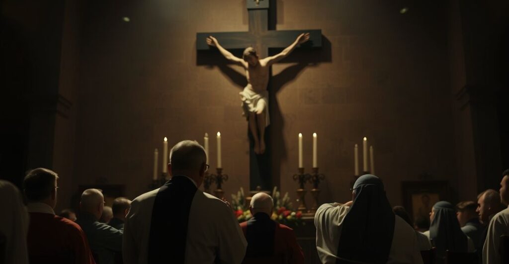 Kapłan modlący się przed krzyżem, symbolizujący duchową refleksję nad życiem i prawdą Bożą w kontekście politycznych i religijnych oskarżeń