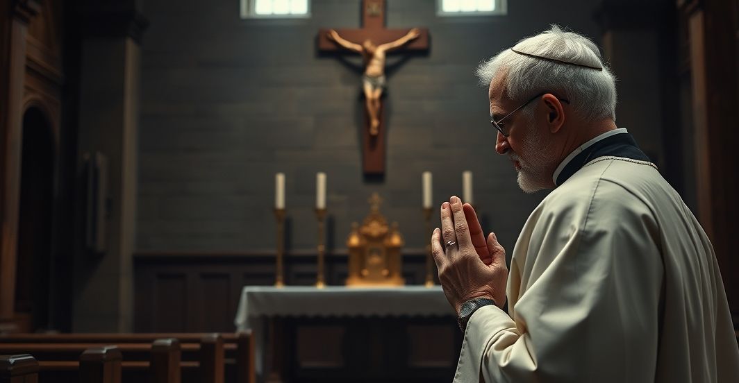 Tradycyjny katolicki kapłan modli się w obliczu zagrożeń dla Królestwa Chrystusa Kapłan modlący się w tradycyjnej katolickiej świątyni, symbolizujący duchowe zmagania wobec nowoczesnych zagrożeń