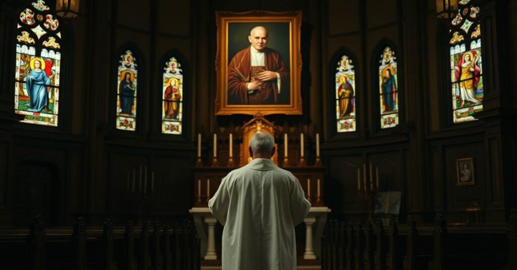 Prawdziwy kapłan w tradycyjnych szatach modli się w opuszczonej kaplicy z ikonografią świętych.