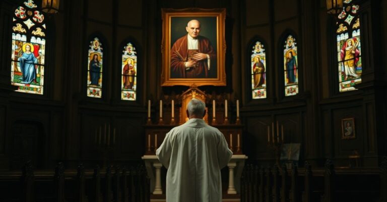 Prawdziwy kapłan w tradycyjnych szatach modli się w opuszczonej kaplicy z ikonografią świętych.