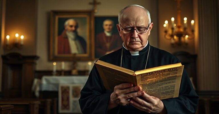 Biedny kapłan w ciemnym kościele modli się przy ołtarzu z portretem Karola Wojtyły w tle.