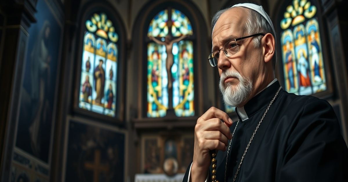 Biedny kapłan w ciemnym kościele modli się przy ołtarzu z portretem Karola Wojtyły w tle.