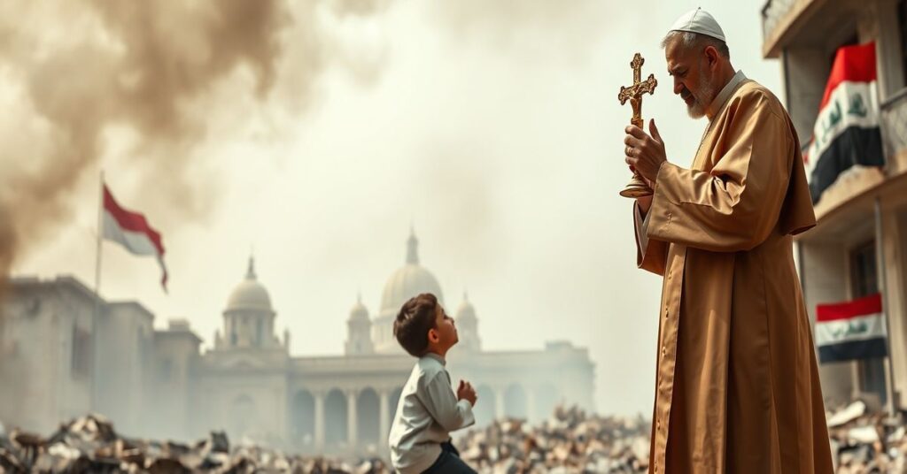 Kapłan w tradycyjnym ornaty modli się przed zniszczoną ambasadą w Bagdadzie, trzymając krzyż podczas ataku rakietowego. Obraz symbolizuje katolicką modlitwę i nadzieję w czasie wojny.