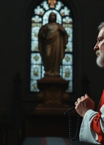 Modlitwa za bezpieczeństwo Polski - Chrystus Król jako źródło pokoju Kapłan w tradycyjnym stroju liturgicznym modlący się przed posągiem Chrystusa Króla w kościele, w tle witraże z historią wojskową Polski.