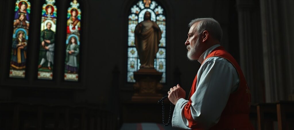 Kapłan w tradycyjnym stroju liturgicznym modlący się przed posągiem Chrystusa Króla w kościele, w tle witraże z historią wojskową Polski.