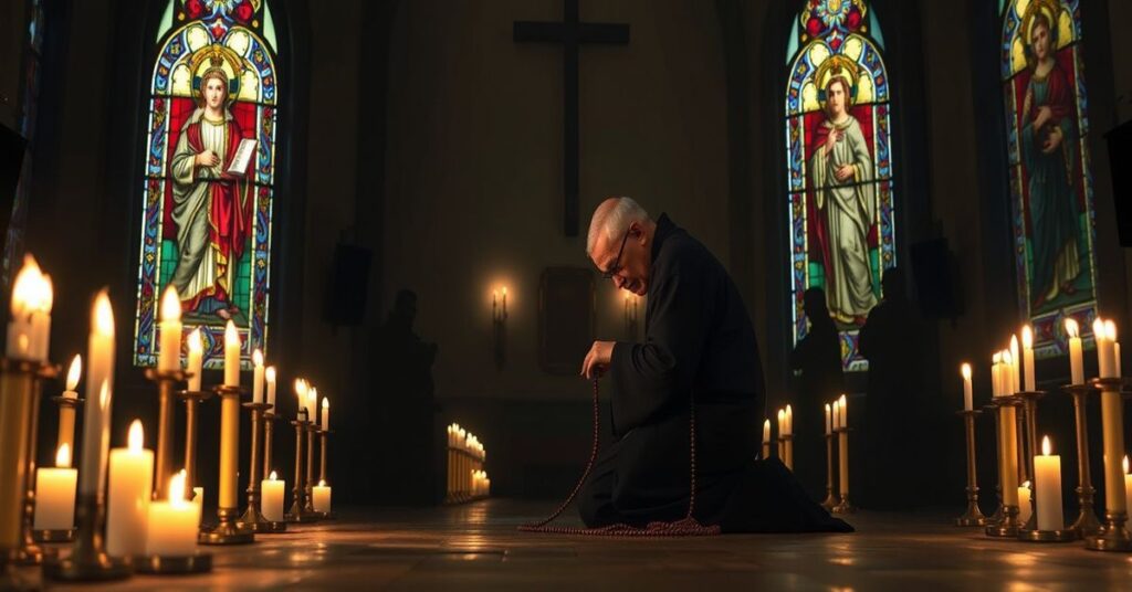 Tradycyjne katolickie przedstawienie prześladowań chrześcijan w Iranie - kapłan modli się w świątyni z krzyżem i różańcem