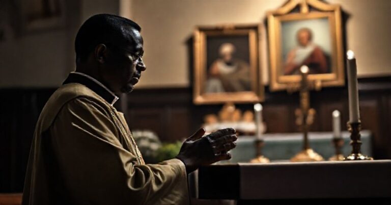 Prawosławne zdjęcie przedstawiające kapłana modlącego się za duszę zmarłego Raily Odingi przy ołtarzu katolickim z krzyżem i świecami.