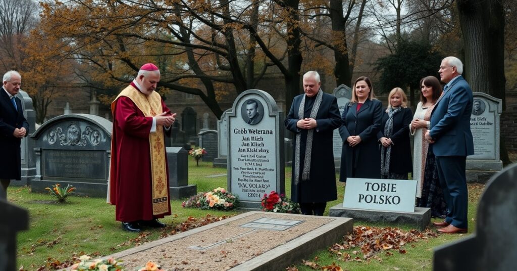 Sobótka religijna na cmentarzu z napisaną plakietą "Grób Weterana" i znakiem pamięci "Tobie Polsko". Kapłan w tradycyjnych szatach prowadzi modlitwę za zmarłego Jana Klicha