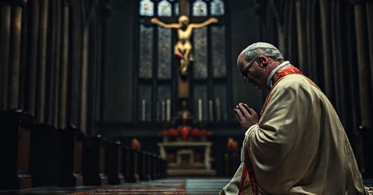 Prawdziwy katolicki kapłan modli się przed krzyżem w ciemnym kościele, wyrażając smutek z powodu upadku moralnego Kanady.