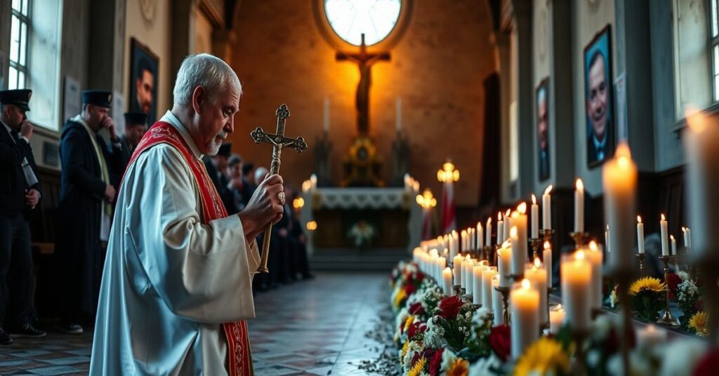 Kapłan w tradycyjnym stroju modli się przed zniszczonym kościołem w Buczy w hołdzie dla 561 ofiar, w tym 12 dzieci.