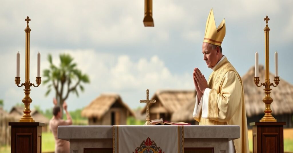 Tradycyjny katolicki obraz przedstawiający kapłana w niebieskiej sukmanie modlącego się dla ofiar cyklonów w Madagaskarze na tle wiejskiego krajobrazu z szałasami.