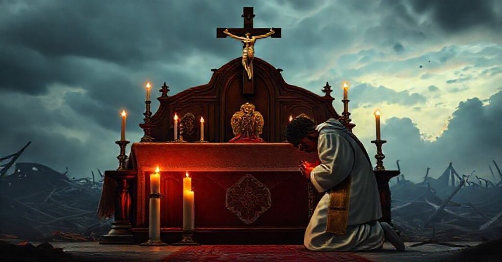 Tradycyjny ołtarz katolicki z krzyżem i kapłanem modlącego się za ofiary huraganu w tle burzowego nieba.