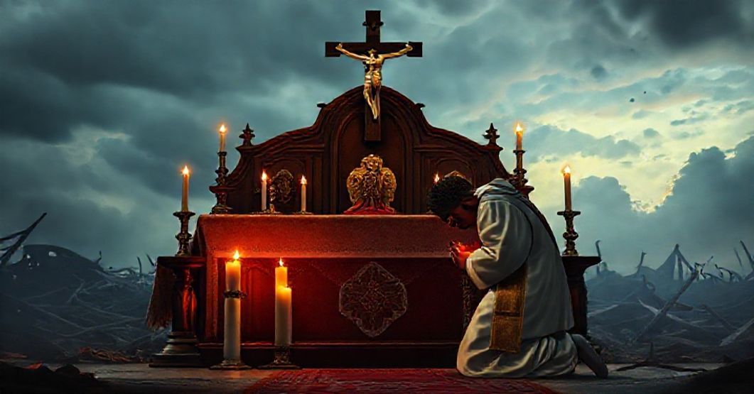 Tradycyjny ołtarz katolicki z krzyżem i kapłanem modlącego się za ofiary huraganu w tle burzowego nieba.