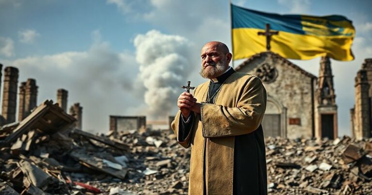 Prawosławny kapłan w zniszczonym kościele modli się za pokój podczas rosyjskiego ataku na Ukrainę