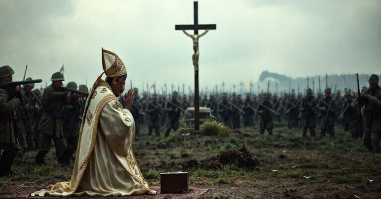 Prawdziwy katolicki kapłan w pelnym stroju liturgicznym modli się przed krzyżem z tłem bitwy na tle ukraińskiej architektury kościelnej.